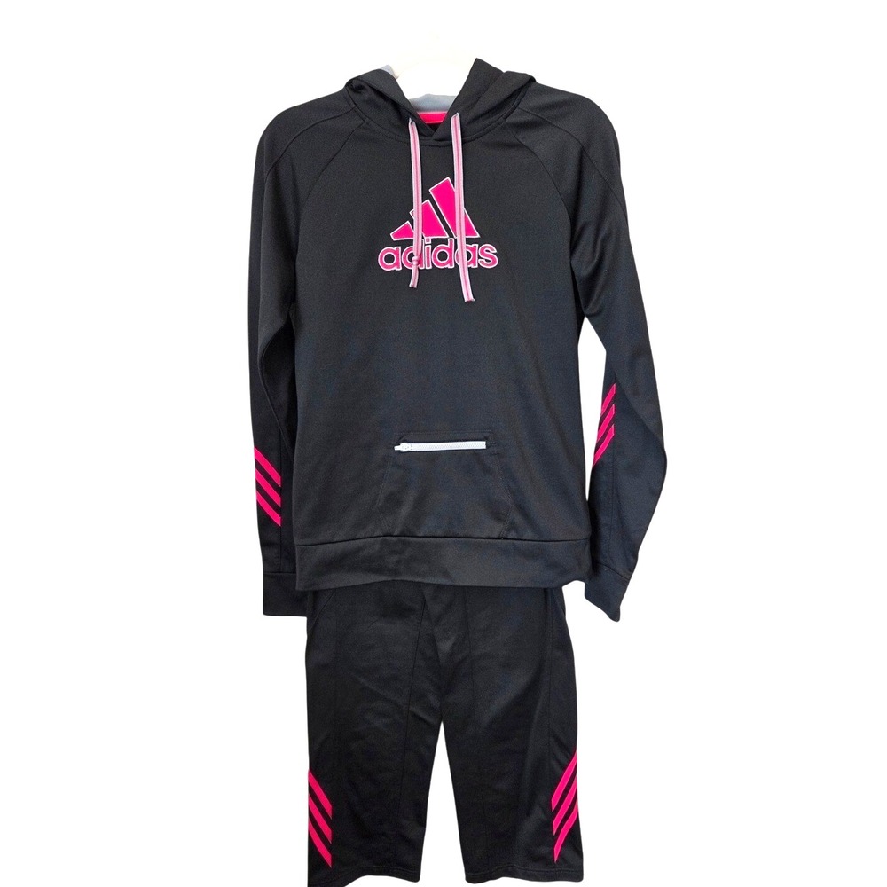 Adidas Girls Active Hoodie & Shorts Set‎ Black Pink Athleisure Track Suit